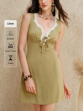 Uhlyne Fashionable Linen Contrast Lace Sleeveless Dress With Generous Collar, Hollow-Out Tie-Up Slim Fit Elegant Casual Mini Dress For Women